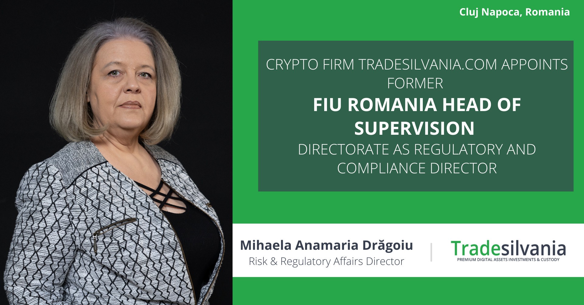 Romanian cryptocurrency platform Tradesilvania.com appoints Mihaela Drăgoiu, former Head of Supervision and Control Directorate of FIU Romania (ONPCSB) as the new Risk & Regulatory Affairs Di